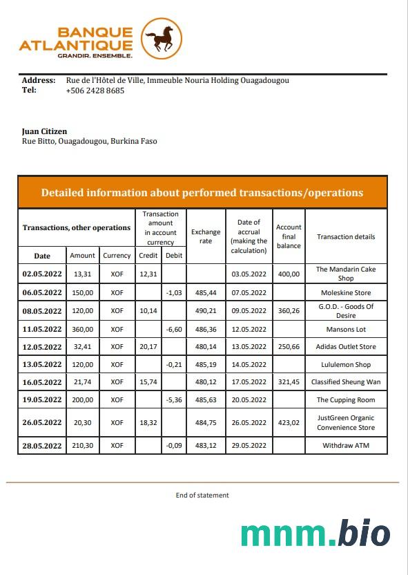 Szablon wyciągu bankowego Burkina Faso Bank Of Africa w programie Word i PDF